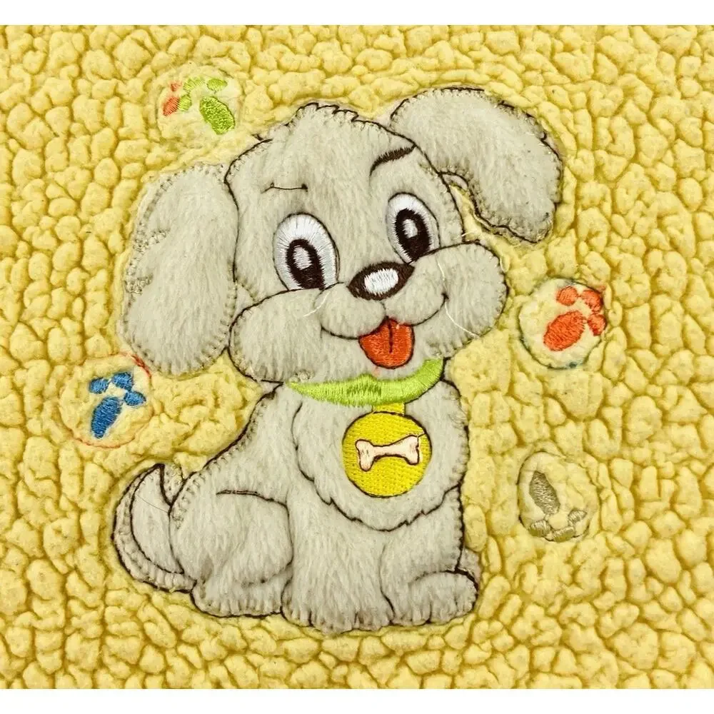 Vintage Yellow Baby Blanket Dog Sherpa Lovey Bones Tan Blonde Green Collar Tongu